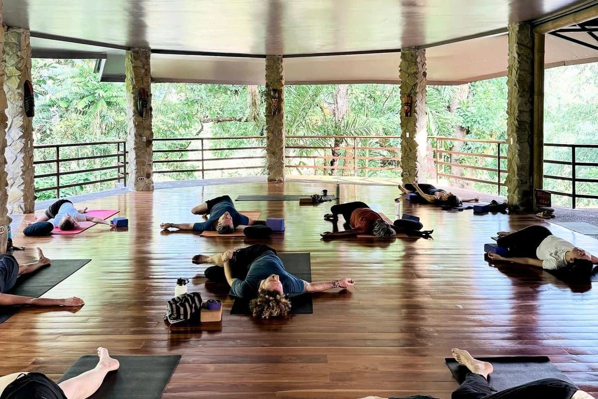Retreat group practicing together in the open-air rainforest shala at Posada Natura